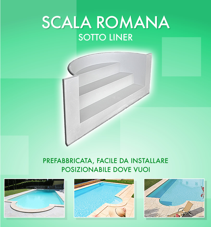 Scala romana sotto liner prefabbricata da posizionare nella piscina interrata da esterno in kit in pannelli d'acciaio 7x3 m - h.150 cm