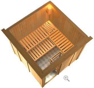 Sauna finlandese classica Anastasia coibentata con cornice LED sezione vista dall'alto